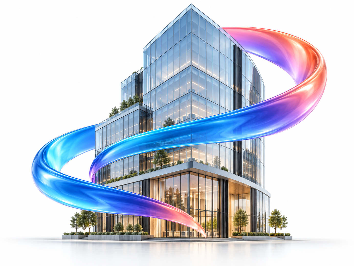Ilustración conceptual de un edificio contemporáneo rodeado por una cinta de color